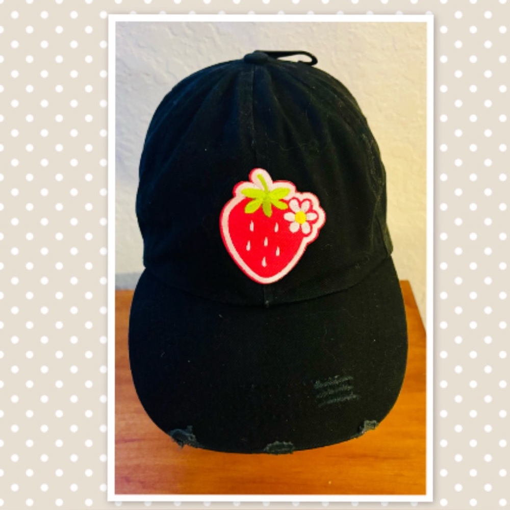 Washed Distressed Strawberry Cotton Hat /Baseball Cap - Adjustable - Black